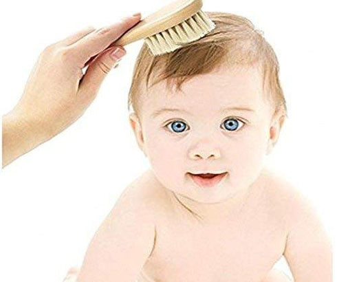 PomPerfect Set Natural Soft Newborn Baby Brush Goat Hair Bristles with Eco-Friendly Wood Handle | Wooden Infant Cutie