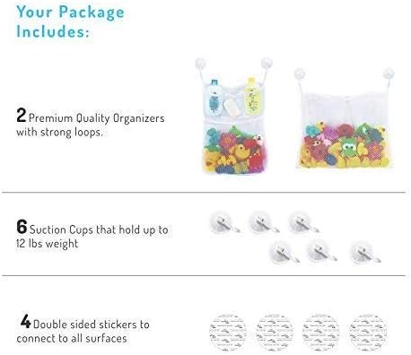 2 x Mesh Bath Toy Organizer + 6 Ultra Strong Hooks, Perfect Bathtub Toy Holder & Bathroom Caddy for Kids & Toddlers