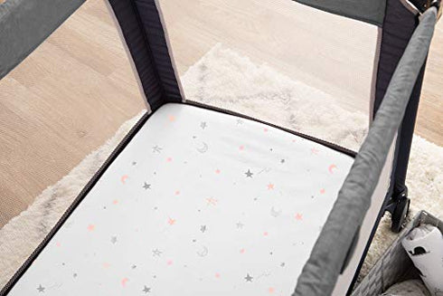 TL Care 100% Natural Cotton Fitted Pack and Play Sheet - 39" x 27" - Pink Stars and Moon for Boys & Girls