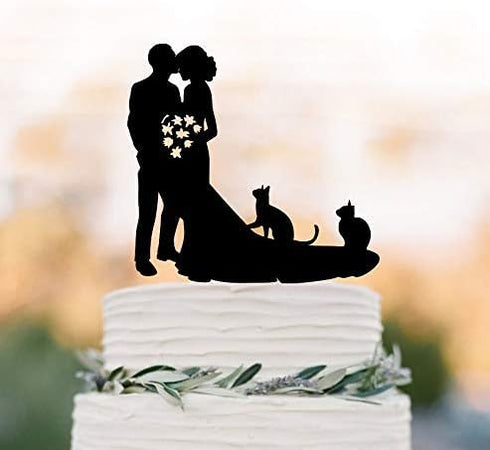 Wedding Cake Toppers, Bride and Groom with Cats, Black Acrylic Silhouette Wedding Party Engagement Decoration