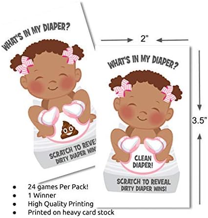 Girl - What's In My Diaper Baby Shower Scratch Off Game | African American | 24 Cards - 1 Winner | Baby Shower Prizes