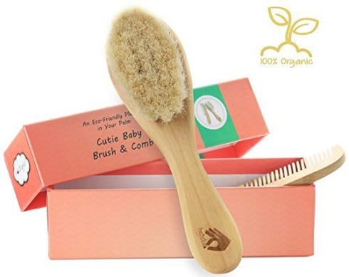 PomPerfect Set Natural Soft Newborn Baby Brush Goat Hair Bristles with Eco-Friendly Wood Handle | Wooden Infant Cutie