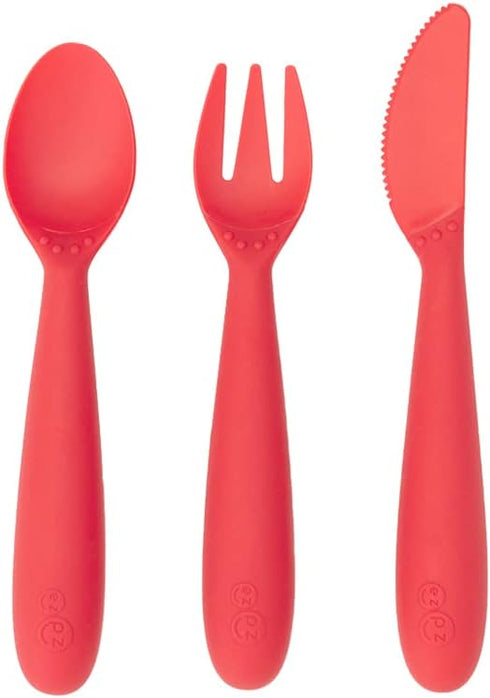 ezpz Happy Utensils - 24 Months+ (Coral) - BPA Free Fork, Spoon, Knife for Toddlers and Preschoolers