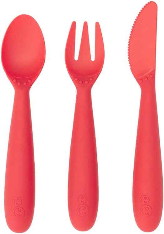 ezpz Happy Utensils - 24 Months+ (Coral) - BPA Free Fork, Spoon, Knife for Toddlers and Preschoolers