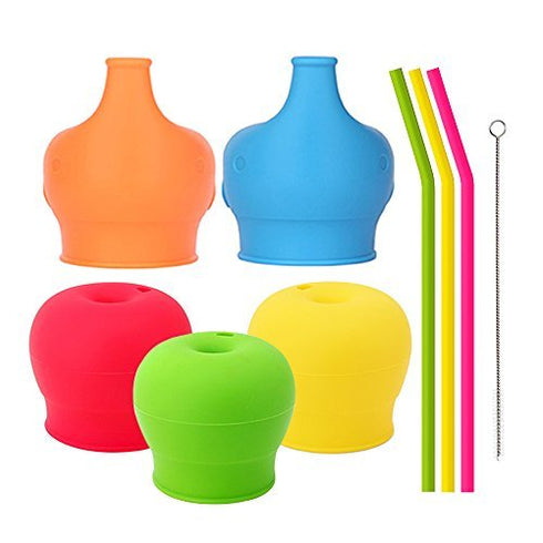 Silicone Sippy Straw Cup Lids for Toddlers and Babies (5 Pack) - Reusable, Spill-Proof, Fits Tumblers and Cups
