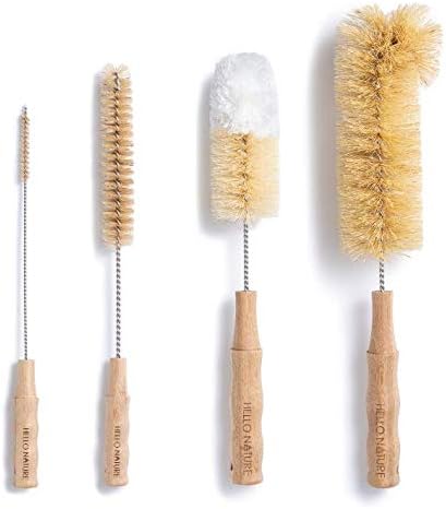 Hello Nature 4 Pcs Bamboo Bottle Brush Set by Long Handle Cleaning Brushes for