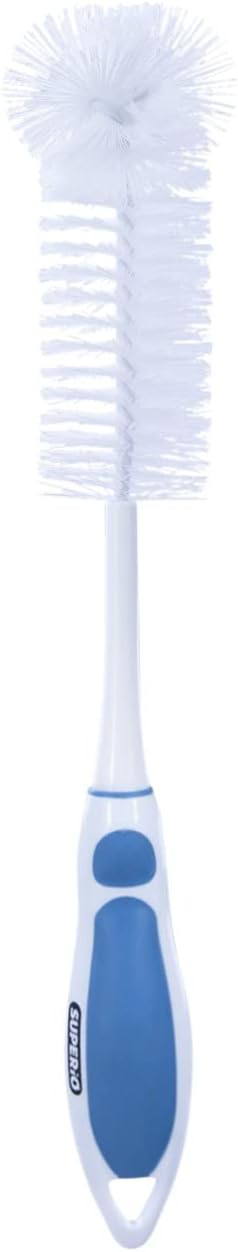 Superio Long Bottle Brush Scrubber, Blue and White Baby Bottle Brush with Rubber Grip Handle