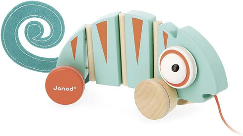 Janod - Tropik Pull-Along Chameleon, Wooden Early-Learning Toy, Educational Walking and Balancing Toy