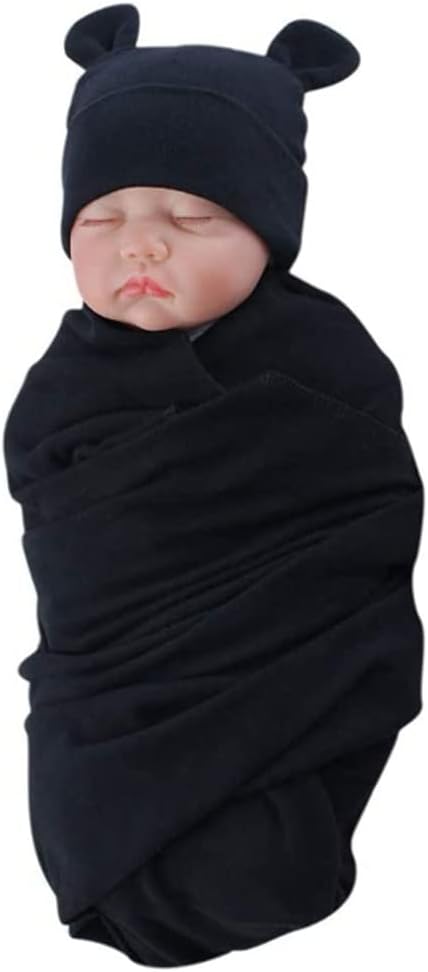Exemaba Unisex Baby Swaddle Blanket with Hat Set Newborn Swaddle Receiving Blankets Sleep Sack for 0-3 Months Boys Girls(Black) by Exemaba