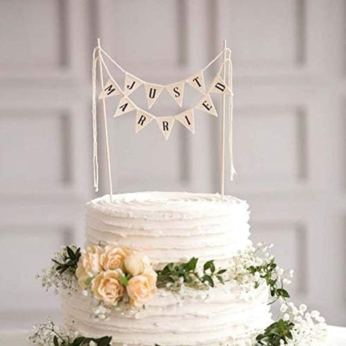 Wedding Cake Topper, Vintage Affair Rustic Just Married Cake or Cheese Bunting, Handmade Pennant Flags with Wood Pole -