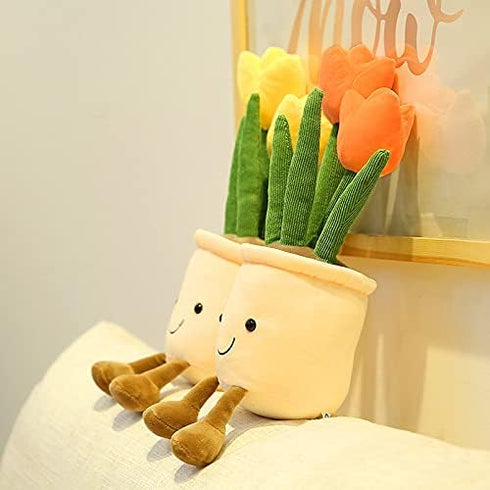 Tulip Plush Toy, 13" Orange Flower Pot Stuffed Plushie Pillow Doll, Soft Fluffy Hugging Cushion - Gift for All Ages