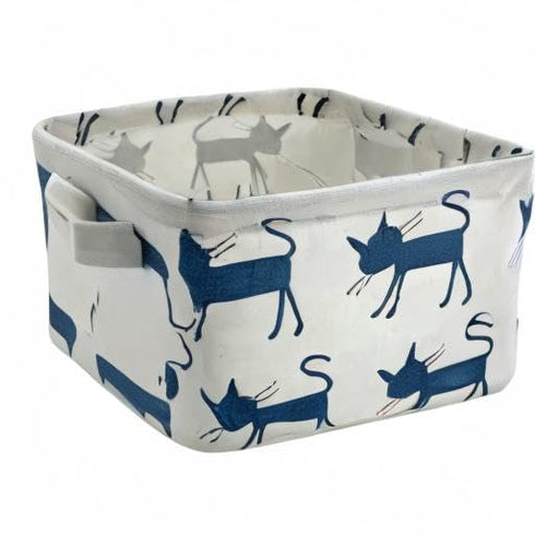 Mziart Small Foldable Canvas Storage Basket with Handles, Cotton Linen Organizer for Nursery & Kids (Blue Cat)