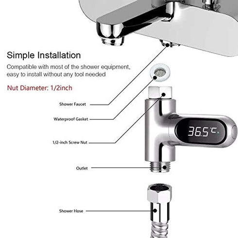 YUNQK Led Display Water Shower Thermometer Self-Generating Electric Power Monitor Temperature Smart Meter