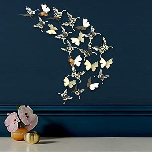 Champagne Gold Butterfly Decoration 3D Wall Decals by pinkblume, 48PCS Removable Metallic Art Sticker for Home Decor