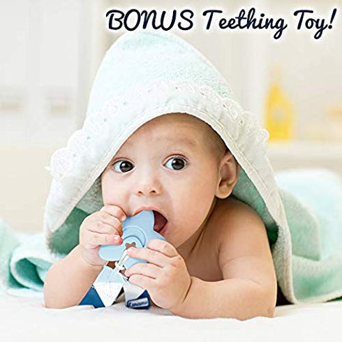 Liname 4 Pack Neutral Pacifier Clip with Teething Toy - Unisex Baby Binky Holder and Soothie Paci Clip (Blue)