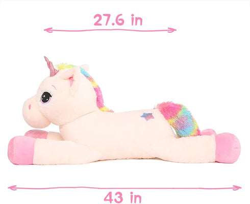 43'' Big Unicorn Plush Toy - Off-White Stuffed Animal, Lovely Beige Unicorn Birthday Decorations for Girls
