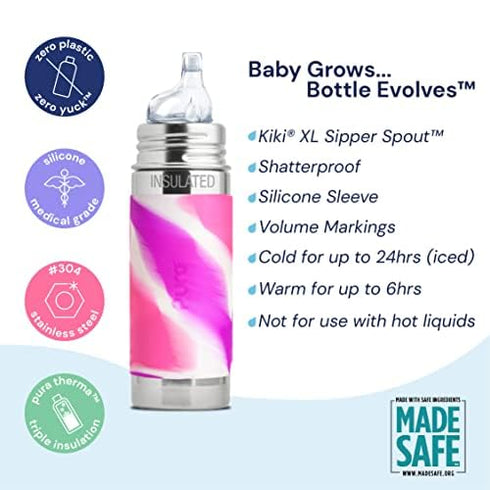 9oz/260ml Pura Kiki Stainless Steel Insulated Sippy Bottle w/Sleeve, Plastic-Free, MadeSafe Certified, Medical-Grade