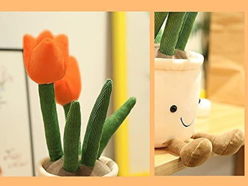 Tulip Plush Toy, 13" Orange Flower Pot Stuffed Plushie Pillow Doll, Soft Fluffy Hugging Cushion - Gift for All Ages