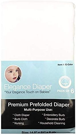 ELEGANCE DIAPER Prefold Cloth Diaper Regular 4x6x4 6 Pack 100% Cotton (White)
