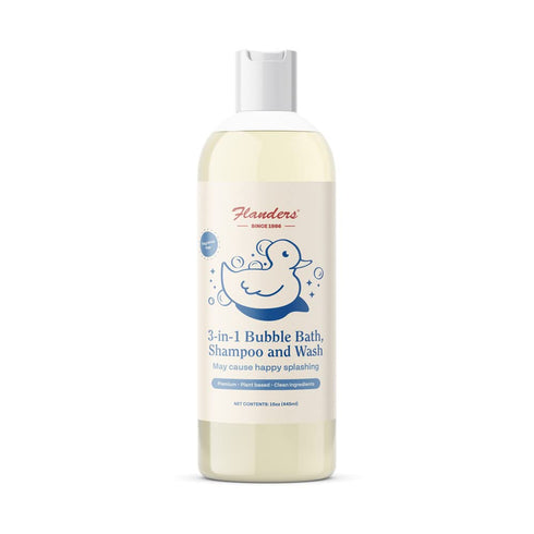 Flanders Bubble Bath, Shampoo & Wash 3-IN-1, Plant Based, Unscented, Clean Ingredients, Calming for Sensitive Skin, 15