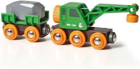 BRIO World 33698 Clever Crane Wagon Set - 4 Piece Wooden Toy Train Set for Kids