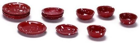 Melody Jane Dolls Houses Dollhouse Miniature 1:12 Scale 12 Pc RED Spatter Dishes SET #Ma1166r