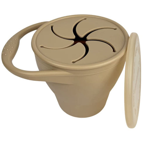 BraveJusticeKidsCo. Snack Attack Cup, Collapsible Silicone Container with Toddler and Baby Catcher Lid (Warm Sand)