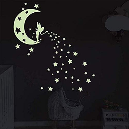 Moon Glow in Dark Wall Stickers, Benbo Fairytale Fairy and Stars Vinyl Decals for Nursery Home Decor
