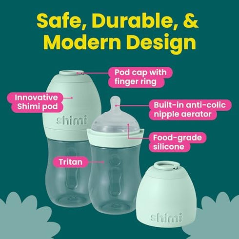 9oz, 2-Hole Pack 2 Shimi Baby Formula Bottles Refillable Formula Pods, Easy-to-Use Ultra-Durable Tritan Baby Bottles