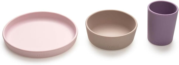 melii Non-Suction Silicone Plate, Bowl and Cup Set for Toddlers, Kids and Children (Purple, Grey, Pink)