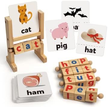 Coogam Wooden Reading Blocks Short Vowel Rods Spelling Games, Flash Cards Rotating Letter Puzzle for Kids