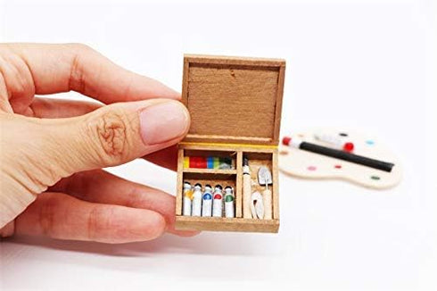 Dollhouse Miniature Wooden Easel Oil Painting Set with Palette and Watercolor Box - 1/12 Dollhouse Decoration