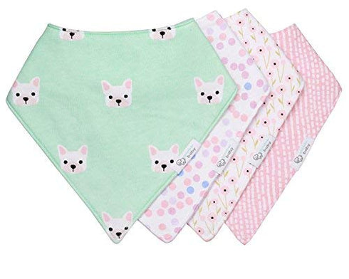 REVERSIBLE & WATERPROOF Cotton Baby Bandana Drool Bibs for Girls - Pack of 4 Soft Absorbent Teething Bib Set