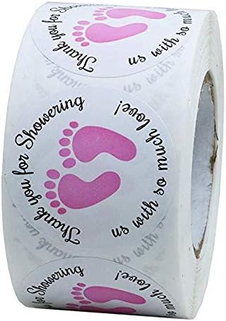 Gender Neutral Baby Shower Stickers, Thank You for Showering Us with So Much Love Round Labels Pink Baby Footprint