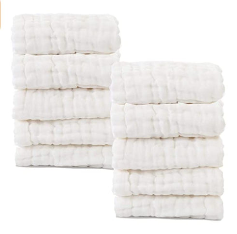10 Pack 12x12 inches Baby Muslin Washcloths- Natural Cotton Wipes - Soft Newborn Face Towel for Sensitive Skin