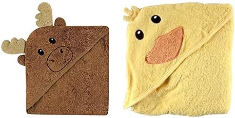 Luvable Friends Girl Cotton Animal Face Hooded Towel 2-Pack, Moose Duck
