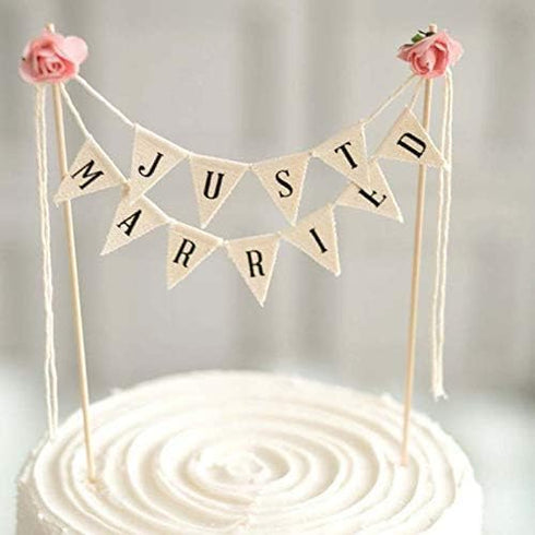 Vintage Affair Just Married Wedding Cake Topper, Handmade Pennant Flags with Wood Pole, Ivory (4)