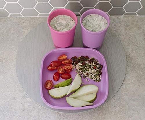 Re-Play Made in USA Toddler Dinnerware Set - 10 oz. Open Cup, 7" Flat Plate, 12 Oz. Bowl, Fork and Spoon - Purple