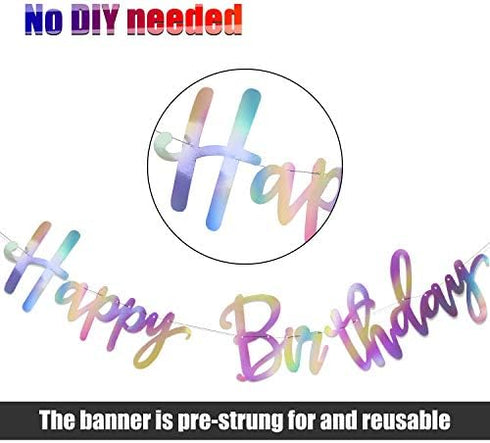 Tatuo Iridescent Happy Birthday Banner Sign, Changeable Garland Bunting Decoration, Silver Party Favor Supplies