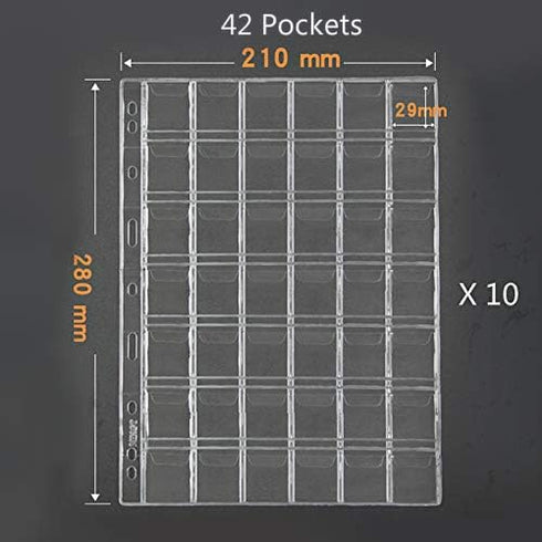 42 Pocket Coin Pages, 10 Sheets Plastic Coin Holders for Stamp Collector Supplies and Currency Collection