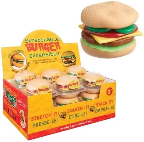 7pc Set, Stretchy Burger Sensory Toy Play Food Stackable Stretchy Hamburger Toy with Toppings and Bun