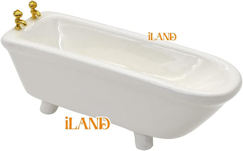 iLAND Dollhouse Furniture and Accessories 1/12 Scale Bathroom Set incl Ceramic Toilet & Bathtub & Wooden Cabinet