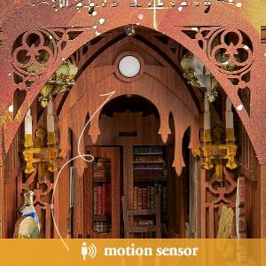 ZHIMUJI 3D DIY Book Nook Kit Wooden Puzzle Shelf Insert with Motion Sensor LED Light- Miniature Dollhouse Bookend Decor