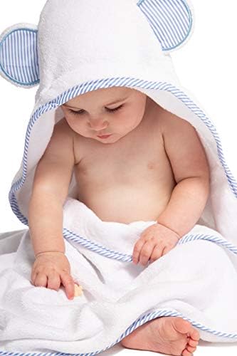 Set Fishers Finery Bamboo Viscose Baby Hooded Bath Towel & Washcloth - Unique Mitten Design (Blue)