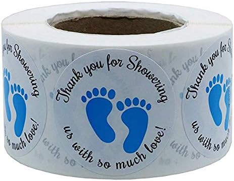 Gender Neutral Baby Shower Stickers, Thank You for Showering Us with So Much Love Round Labels Blue Baby Footprint