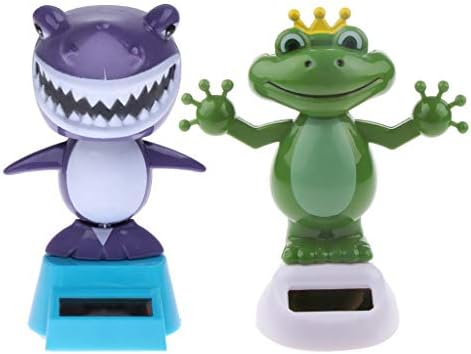 2pcs Solar Powered Dancing Toys - Swinging Animated Bobble Head Dancer Toy Car Decor Ornament Frog + Shark