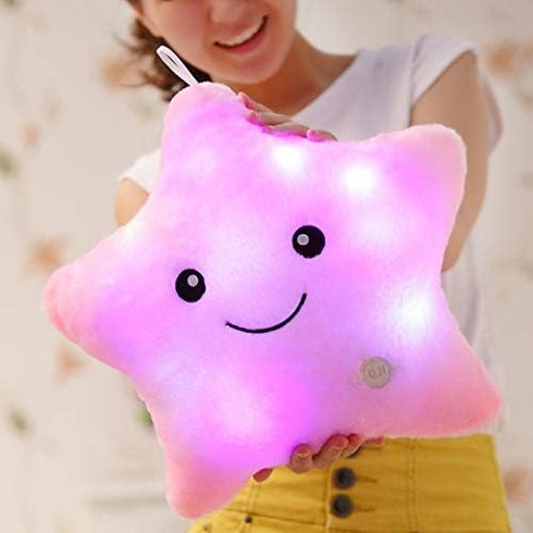 Creative Twinkle Glowing Stars Shape Plush Throw Pillow, LED Night Light Pillow Cushions for Kids, Christmas (Pink)