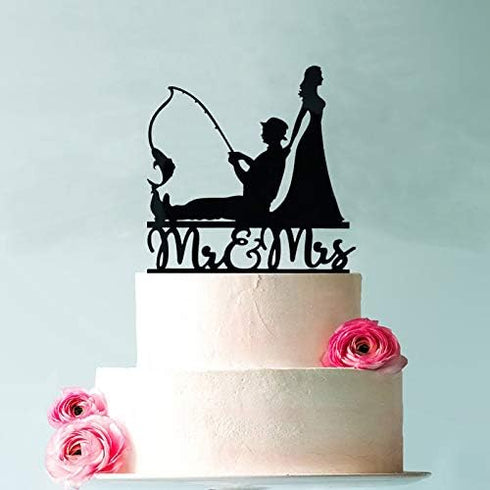 YzYbuaego Black Fishing Wedding Cake Topper, Mr & Mrs, Fishing Theme for Wedding/Engagement/Bridal Shower