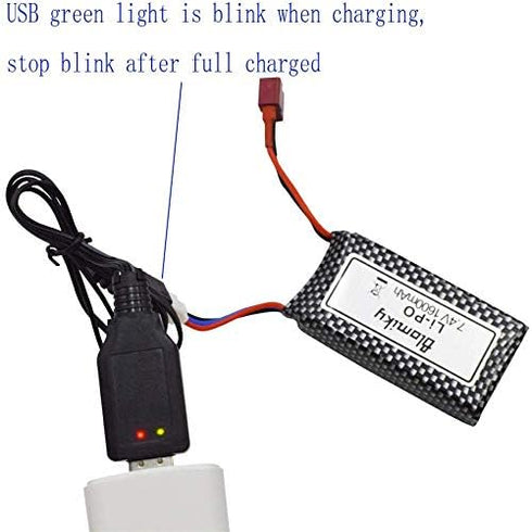 Blomiky 1 Pack 11.84Wh 7.4V 1600mAh T Connector Plug Li-Po Battery with USB Cable for 9125 RC Truck Cars