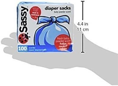 100 Count 4-25 Sassy Disposable Diaper Sacks, Powder Scented, Sacks per Roll, Easy-to-Tie, Diaper Disposal or Pet Waste
